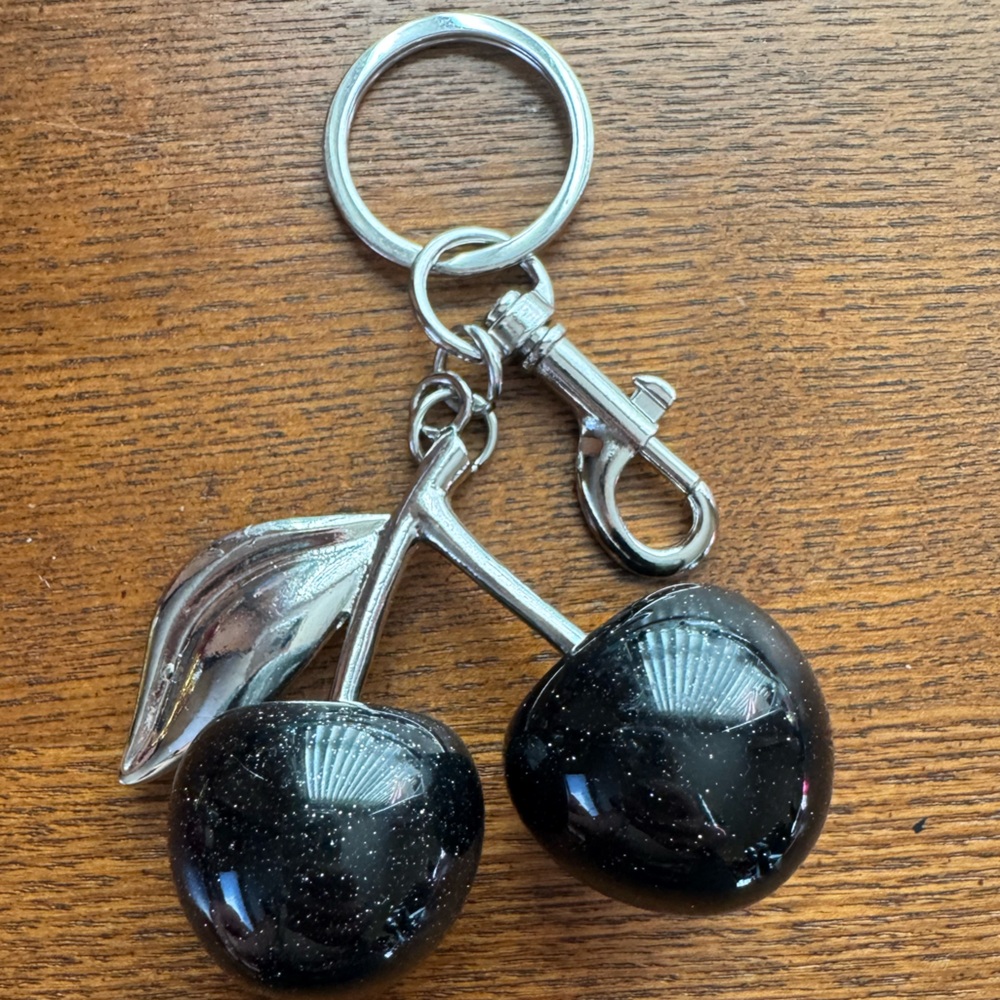 Cherry Keychain/Bag Charm In Black Glitter W/ Silver Hardware
